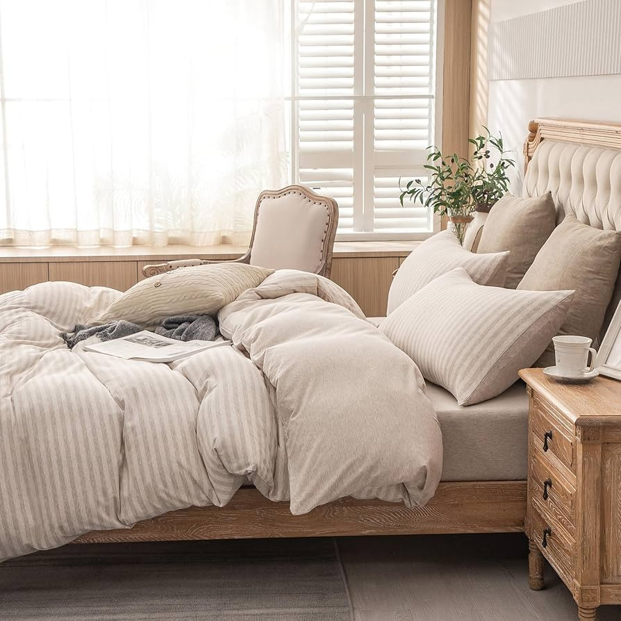 PURE ERA Jersey Knit Duvet Cover Set 100% T-Shirt Heather Cotton Super Soft Comfy Classic Striped... | Amazon (US)