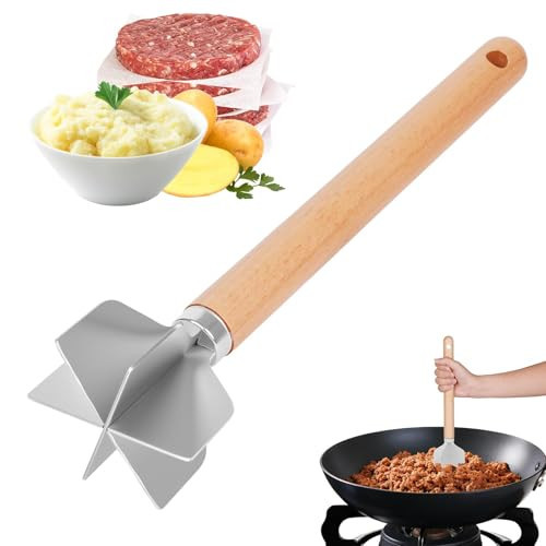 Stainless Steel Meat Chopper, Meat Masher, 6-Blade Ground Beef Chopper Tool with 11" Wooden Handle for Hamburger, Beef, Turkey & Vegetables Puree (1) | Amazon (US)