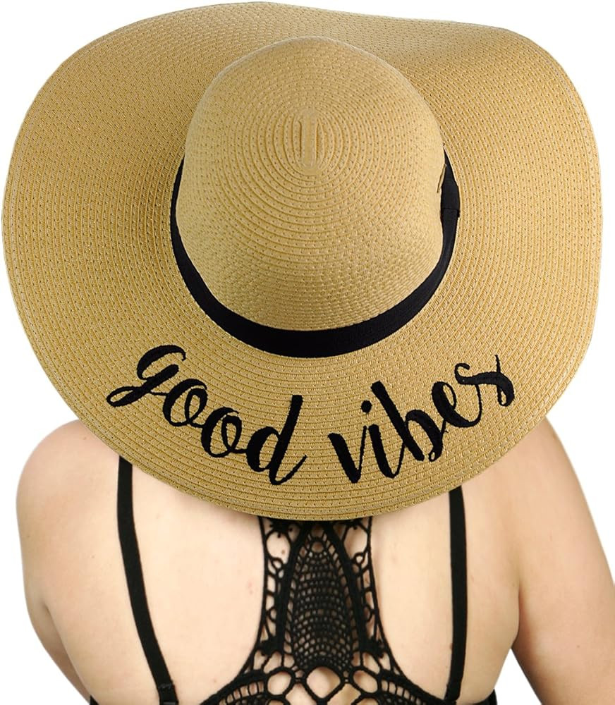 C.C Women's Paper Weaved Crushable Beach Embroidered Quote Floppy Brim Sun Hat, Good Vibes at Ama... | Amazon (US)