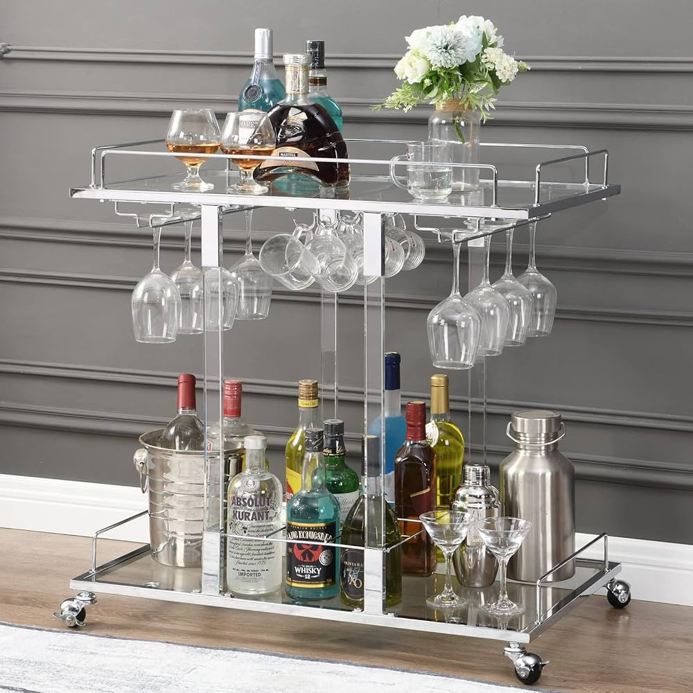 FERFALDER Acrylic Bar Cart-Home Bar Serving Cart with Wine Rack 2-Tier Kitchen Cart on Wheels Bar... | Amazon (US)