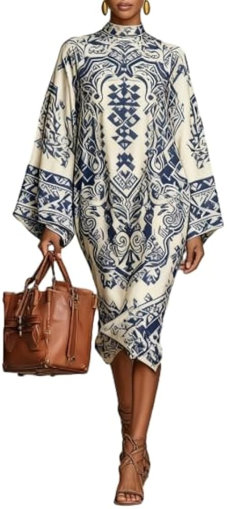 OSCORP Women’s Turtleneck Maxi Dresses with Paisley Abstract Ethnic Geometric Prints Bell Sleev... | Amazon (US)