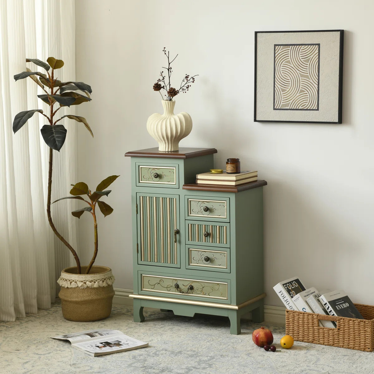 Fienley Farmhouse 1-Door Carved Wood Accent Chest With 5-Drawers, Sage Green Cabinet,Rustic Brown... | Wayfair North America