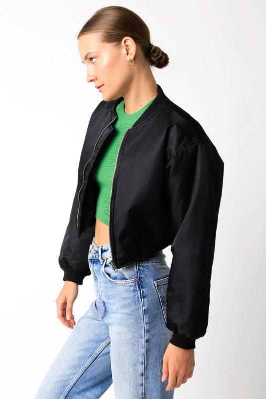 Be Back Black Satin Cropped Bomber Jacket M | Boho Pink