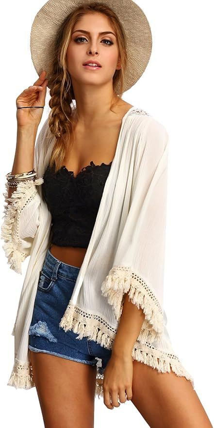 SweatyRocks Women's Tassel Kimono Fringe Cardigan Beachwear Cover up | Amazon (US)