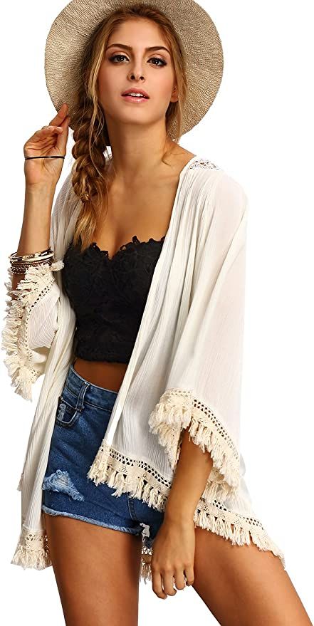 SweatyRocks Women's Tassel Kimono Fringe Cardigan Beachwear Cover up | Amazon (US)