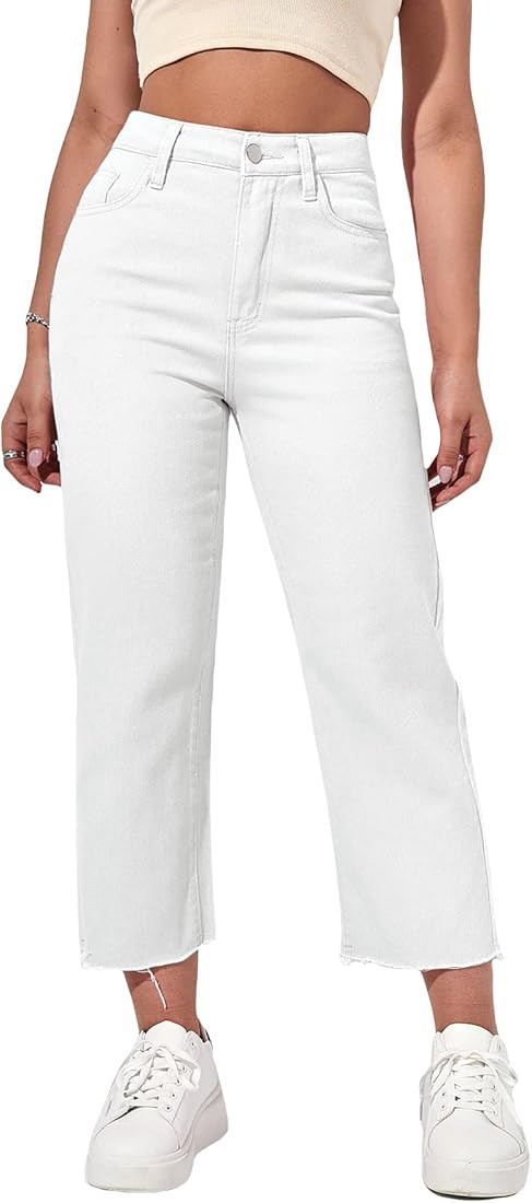 WDIRARA Women's Raw Hem High Waisted Simple Straight Leg Pants Crop Denim Jeans | Amazon (US)