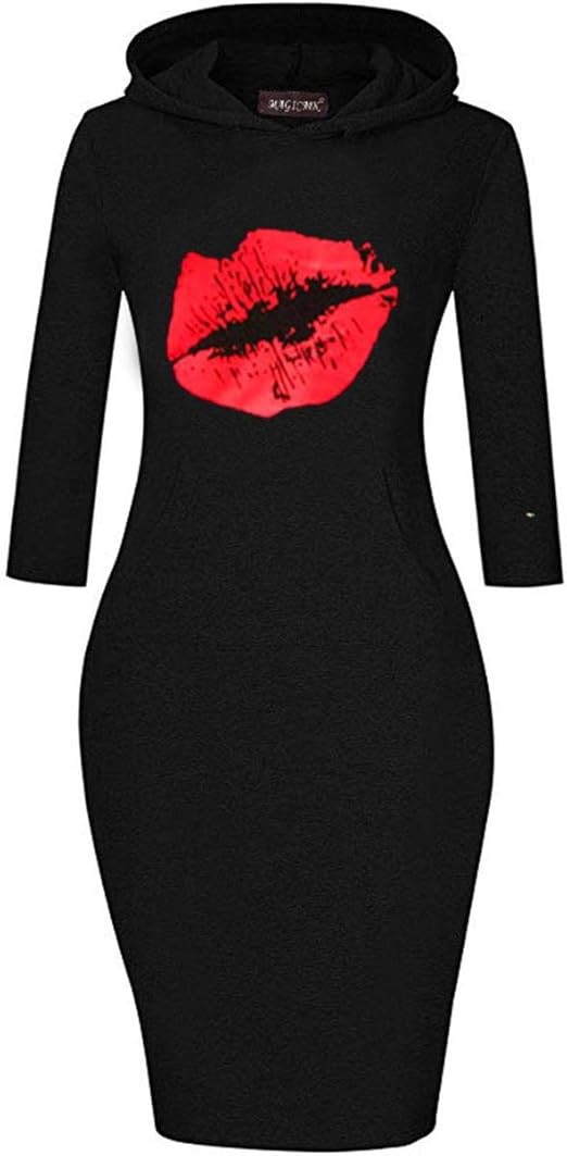 MAGICMK Women Long Sleeve Print Lips Slim Fitted Knee Length Sweatshirt with Pocket Casual Pullov... | Amazon (US)