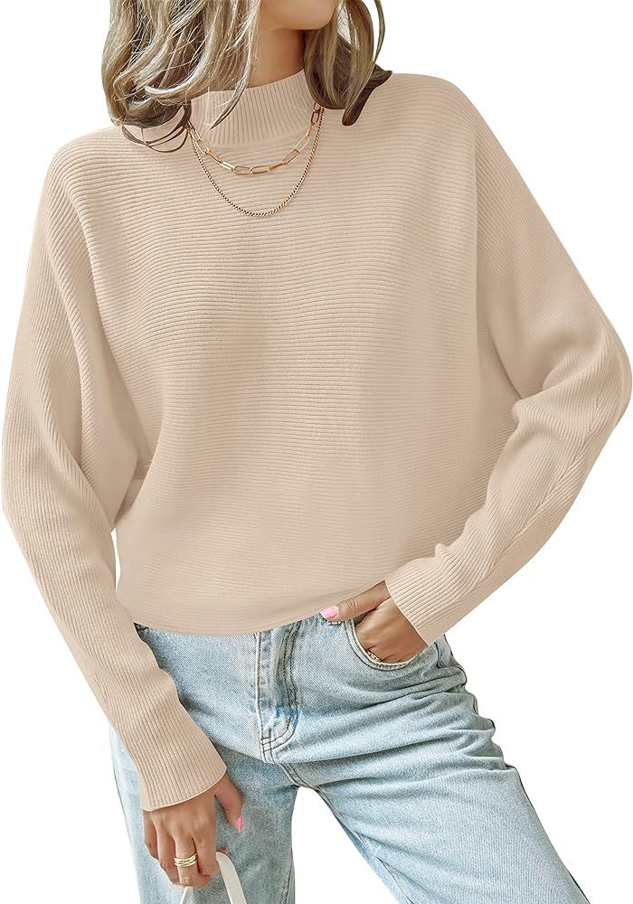 Women's 2023 Fall Turtleneck Batwing Long Sleeve Ribbed Knit Casual Soft Pullover Sweater Jumper Top | Amazon (US)