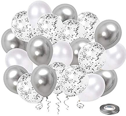 White Silver Confetti Latex Balloons, 50 Pack 12inch Silver Metallic Chrome Party Balloon Set wit... | Amazon (US)