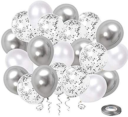 White Silver Confetti Latex Balloons, 50 Pack 12inch Silver Metallic Chrome Party Balloon Set wit... | Amazon (US)