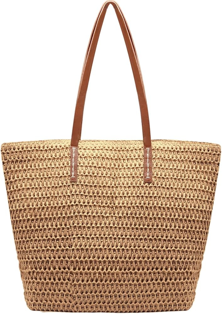 Straw Beach Tote Bag for Women Large Woven Shoulder Handbag Straw Bag for Summer Beach Vacation | Amazon (US)