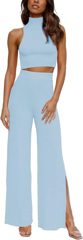 ARTFREE Womens 2 Piece Outfits Sets Blue Pant Set Blue Pants Outfit Blue Wide Leg Pants Outfit Ideas | Amazon (US)