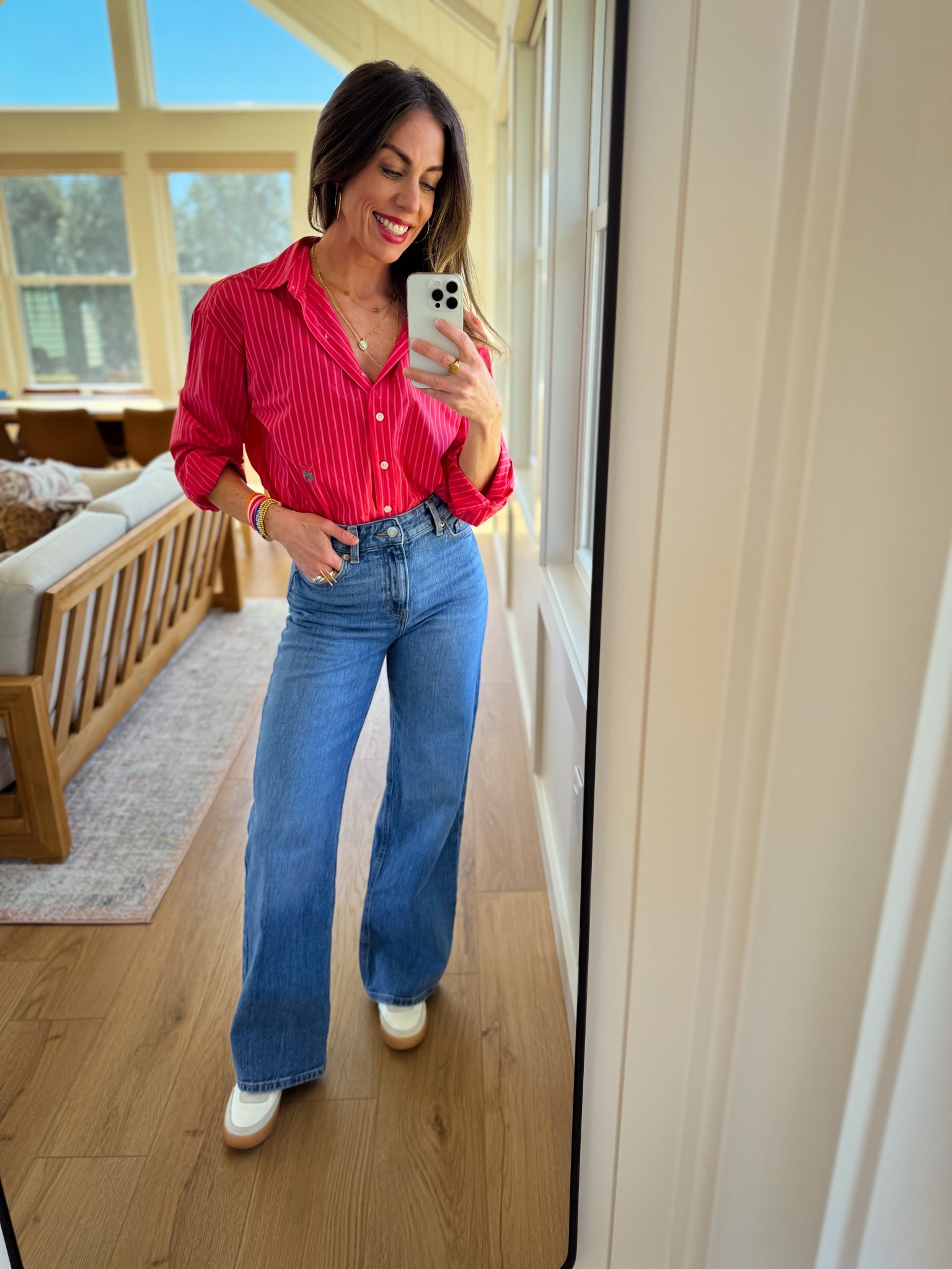 Red pinstripe button down:
Xs
Jeans: size 2 (size ⬆️ up one)
Nike sneakers fit TTS 

#LTKSaleAlert #LTKFindsUnder50 #LTKShoeCrush