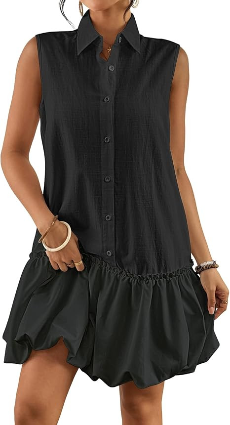 Bsubseach Womens Casual Summer Dresses Sleeveless Linen Bubble Mini Short Dress Button Down Shirt... | Amazon (US)