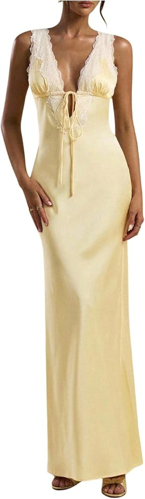 WDIRARA Women's Satin Lace Deep V Neck Maxi Dress Sleeveless Backless Cocktail Dresses | Amazon (US)