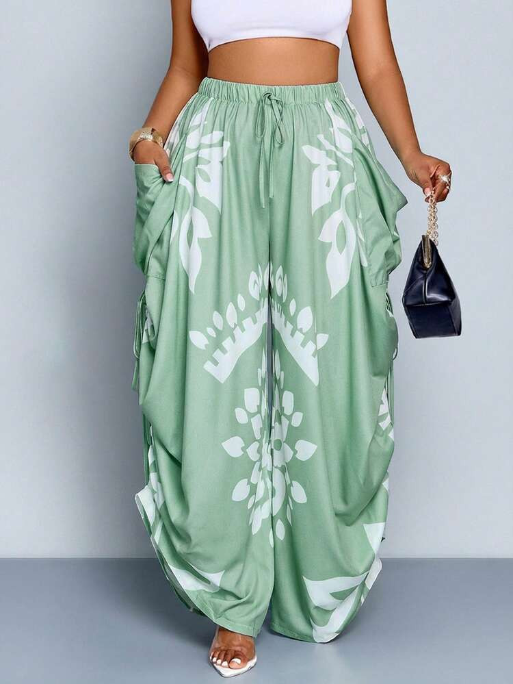 SOLERSUN Plus Size Women's Floral Print Pleated Drawstring Waist Casual Loose Wide Leg Pants, Multiple Stylish Pocket Pants, Simple And Versatile Pants, Suitable For Daily Commuting, Leisure Occasions, Beach, Picnic And Other Scenes, Suitable For All Seasons Of Autumn And Winter | SHEIN | SHEIN