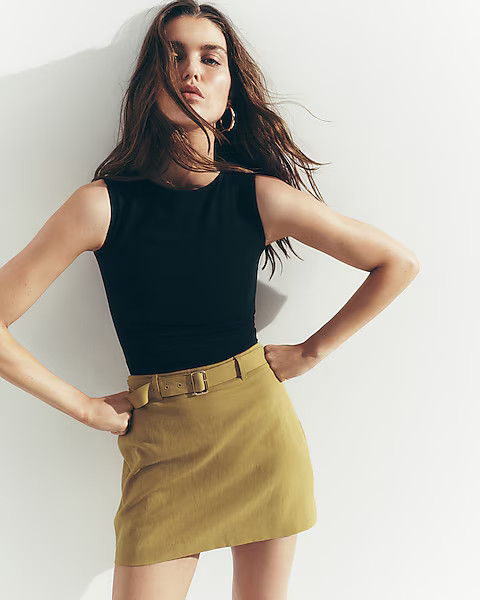 Linen-Blend High Waisted Belted Mini Skirt | Express