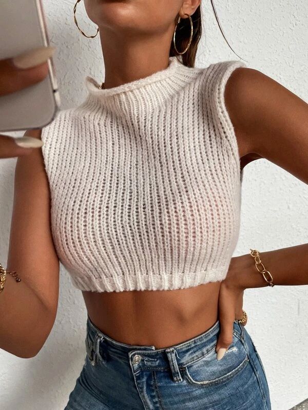 Mock Neck Solid Crop Sweater Vest | SHEIN