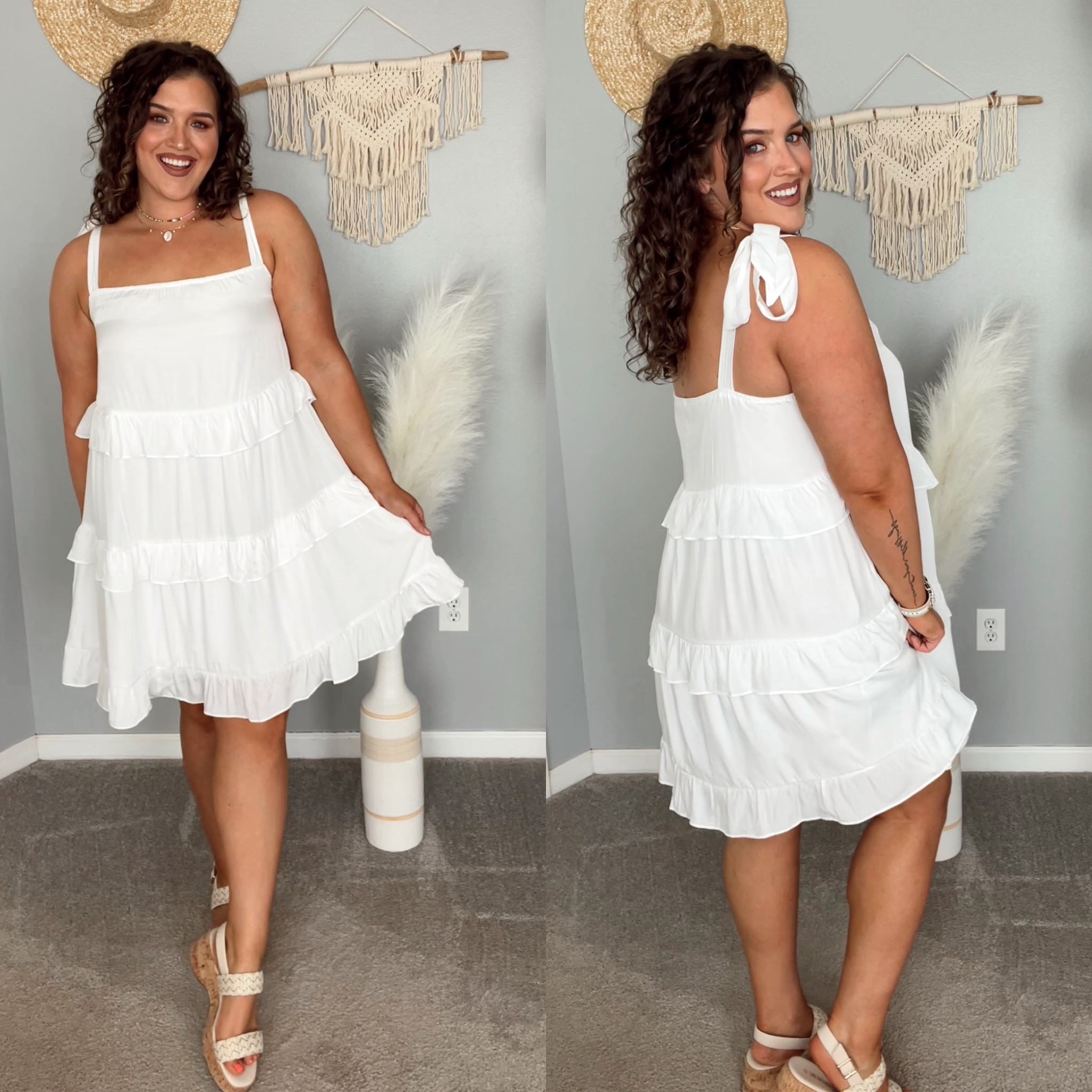 Midsize white flowy mini dress for Summer 🤍🥥✨
Size: XL 
#midsizeoutfits #dress #whitedress #honeymoon #coastal #swingdress #flowydress #minidress #ootd #styleinspo #outfitidea #vacationoutfits #resortwear #wedges 

#LTKstyletip #LTKSeasonal #LTKcurves