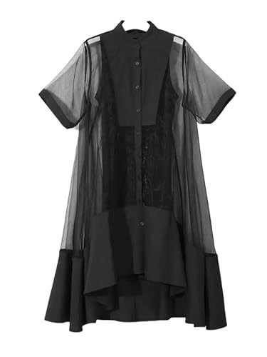 Women's Organza Irregular Shirt Dress Stand Neck Half Sleeve Loose Fit Solid Casual Style with Pockets Black | Amazon (US)