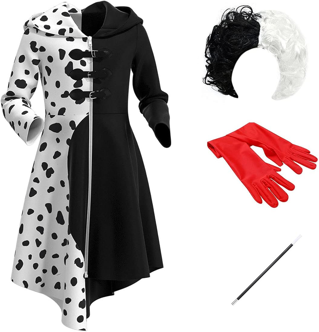 Kids Girls Cruella Deville Costume Halloween Carnival Cosplay Movie Character Gown+Wig+Gloves+The... | Amazon (US)