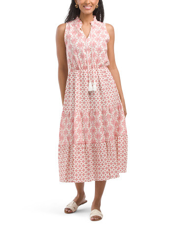 Made In Italy Linen Blend Mixed Print Tiered Midi Dress | TJ Maxx