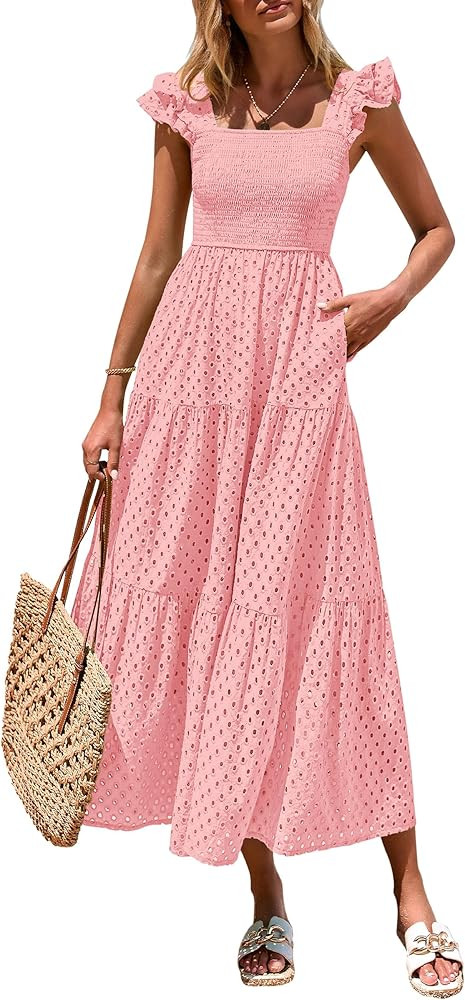 PRETTYGARDEN Womens Summer Square Neck Maxi Dresses Cap Sleeve Eyelet Smocked Tiered A Line Flowy... | Amazon (US)