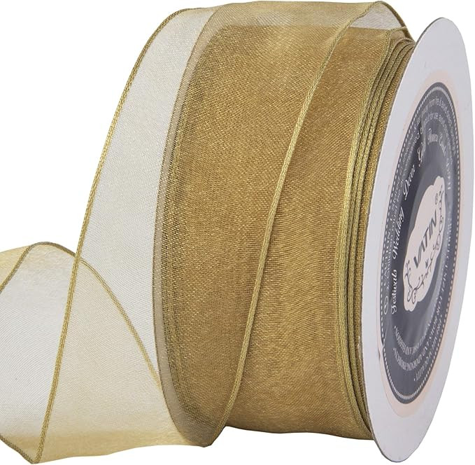 VATIN Christmas Ribbon Sheer Organza Wired Ribbon 1-1/2 inch 25 Yards (75Ft) -Gold,Perfect for Ma... | Amazon (US)