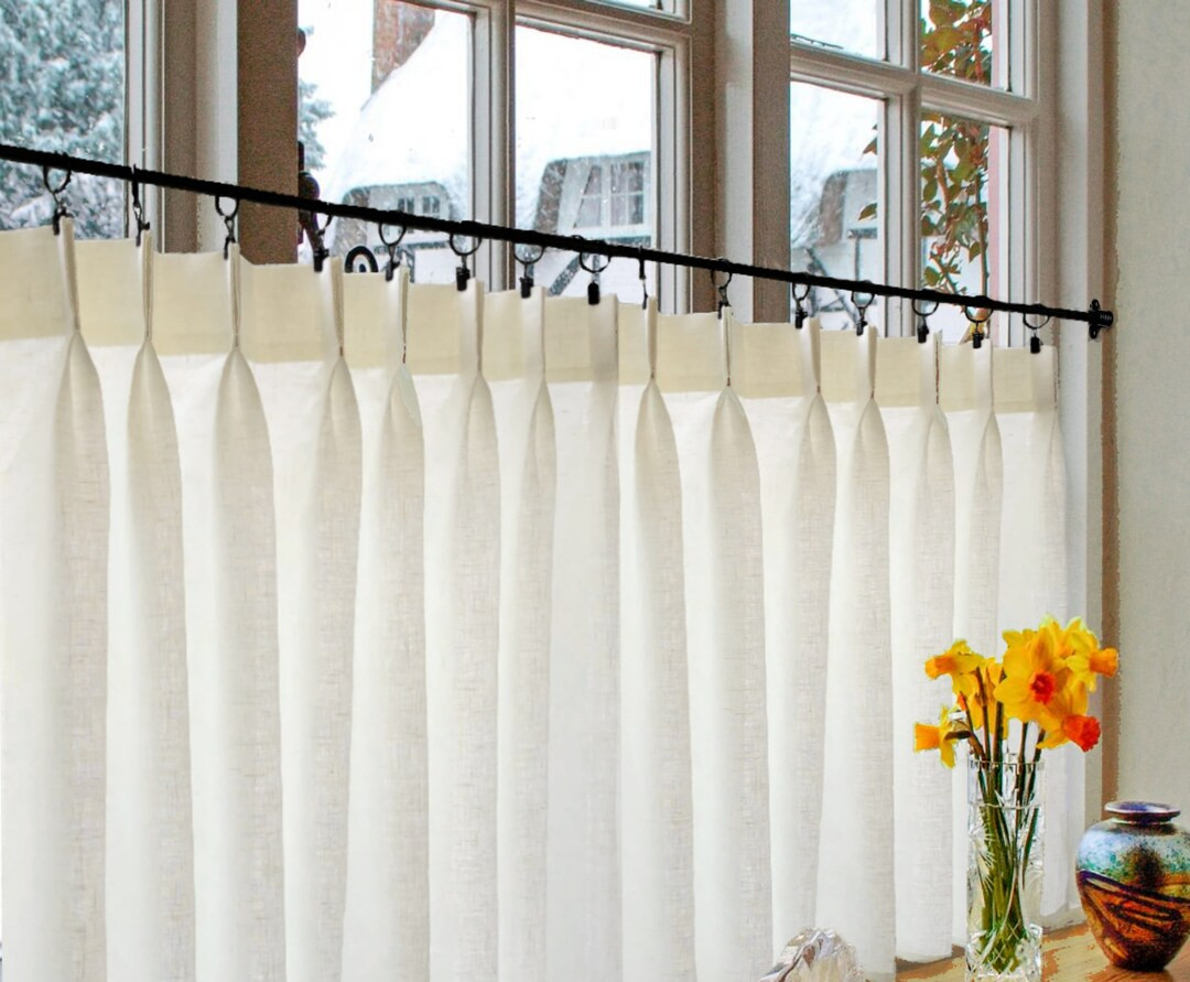 Double Pleated Cafe Curtains 100% Semi Sheer Off White Linen - Great Look For A Country kitchen O... | Etsy (US)