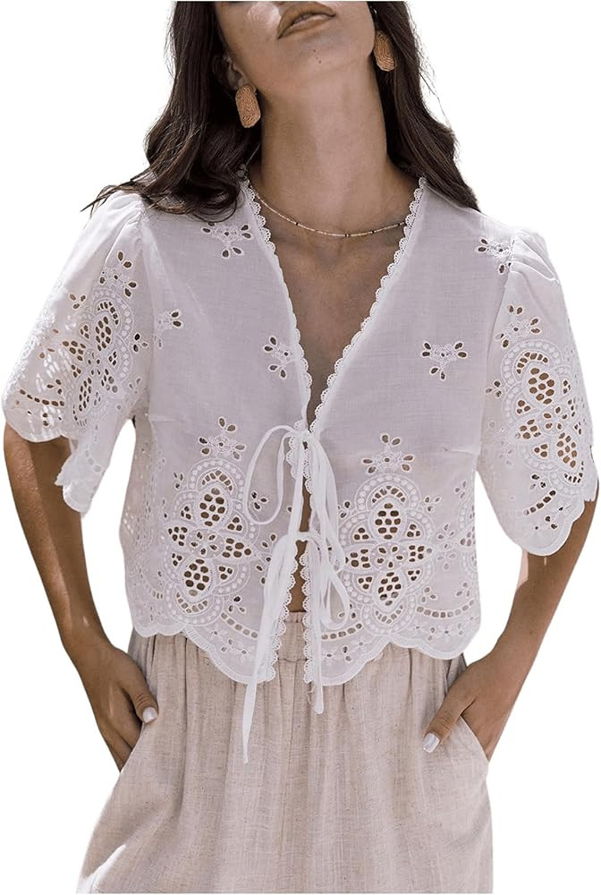 SHENHE Women's Front Tie Crop Tops Puff Short Sleeve Eyelet Summer Boho Blouse Shirts | Amazon (US)