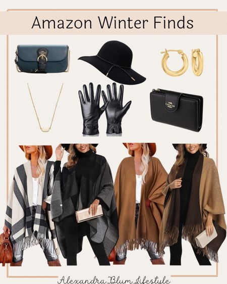 Amazon winter fashion finds! Plaid and brown shawls, Coach purse and clutch, leather glove, wide brim hat, gold hoop earrings and gold necklace! Winter outfits! 

#LTKshoecrush #LTKunder100 #LTKSeasonal