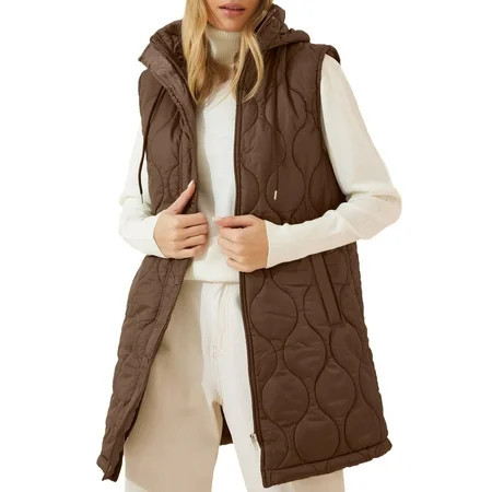 SHEWIN Vest for Women Long Puffer Vest Full Zipper Hooded Jackets Casual Winter Warm Quilted Coat Outerwear with Pockets Brown | Walmart (US)