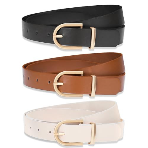 Huyfhksd 3 Pack Women Leather Belt for Jeans Pants Dresses Fashion Ladies Waist Belts with Gold Buckle, S, ABlack/Brown/Beige | Amazon (US)