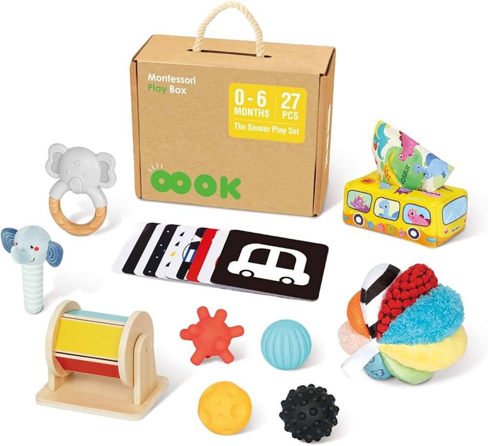 Montessori Toys for Babies 0-6 Months, 7 in 1 Newborn Baby Toys with Spinning Drum, Colorful Fabr... | Amazon (US)