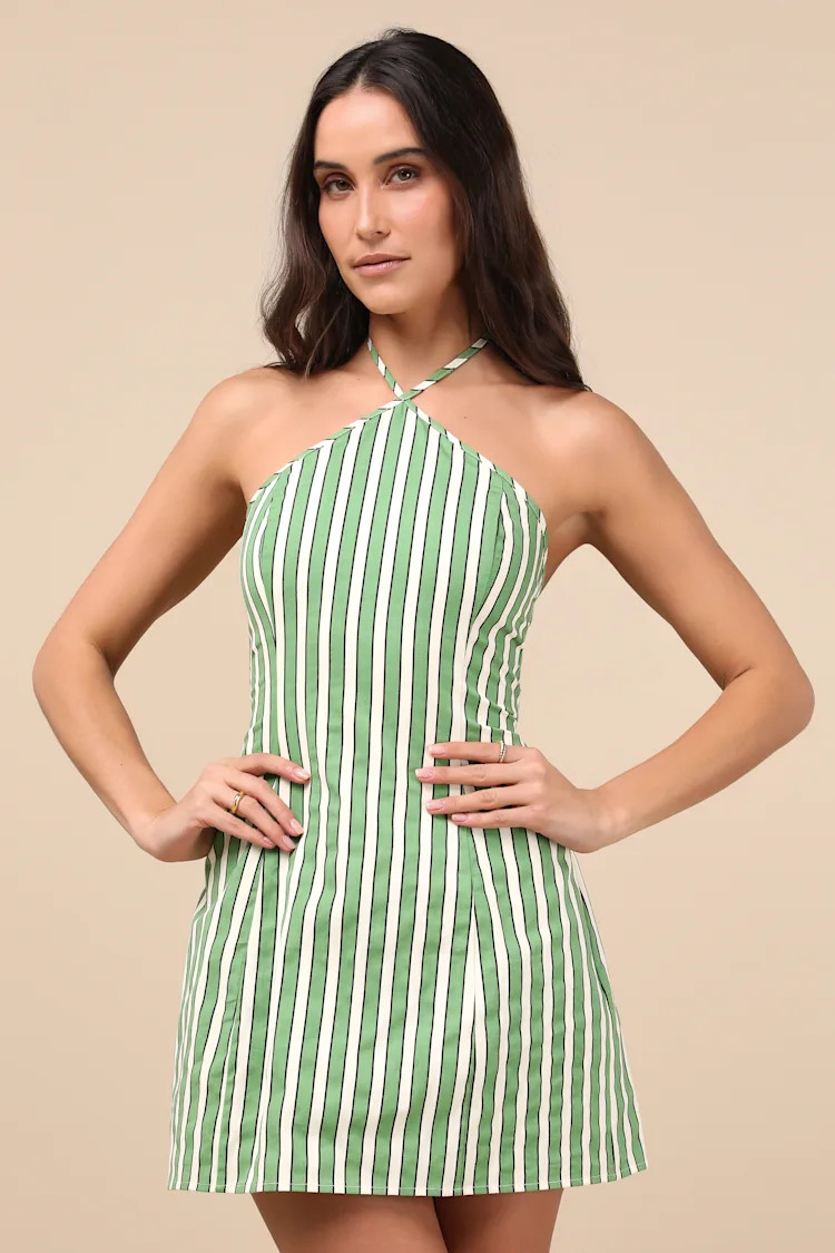 Madelia Green Striped Halter Mini Dress | Lulus