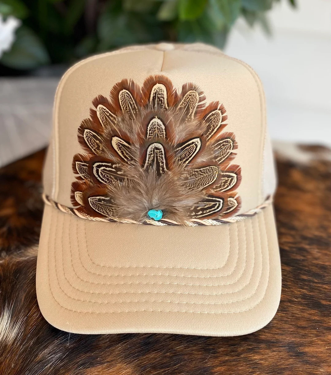 Feather Trucker Hat, Khaki With Leather Lace Accent, Cowgirl, Western Trucker, Rodeo, Boho - Etsy | Etsy (US)
