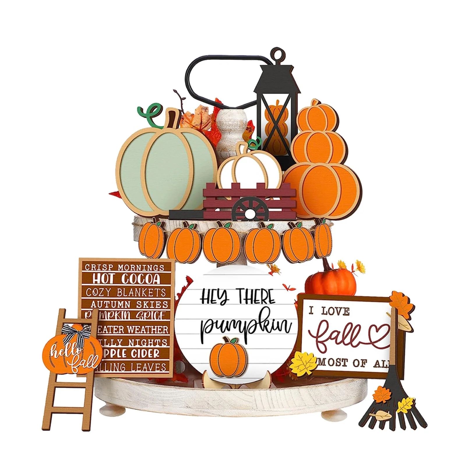 Fall Tiered Tray Decor Set Thanksgiving Pumpkin Maple Leaf Truck Wooden Sign Hello Fall Country F... | Walmart (US)