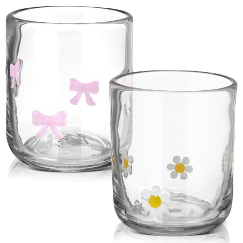 Skylety 2 Pack Icon Juice Glass Cup Pink Bow Coquette Daisy Flower Cup 14 oz Aesthetic Double Vintage Glasses for Valentine Gifts Woman Friend Summer Party Scotch Cocktail Juice Drinks Party Favors | Amazon (US)