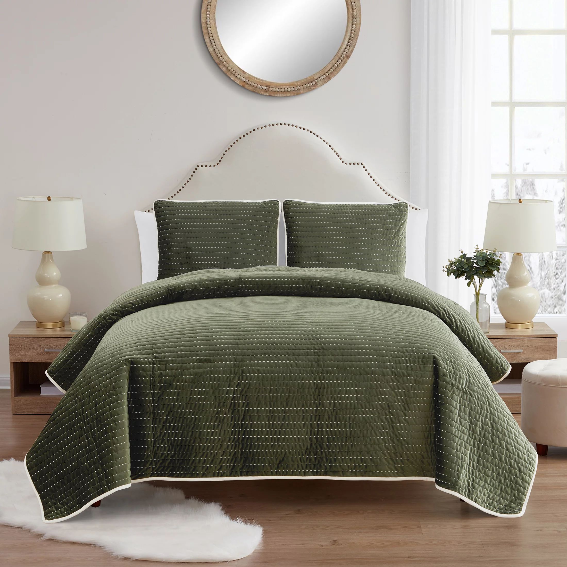 My Texas House Quinn Green Pick Stitch Stripe Velvet 3-Piece Quilt Set, Full/Queen - Walmart.com | Walmart (US)