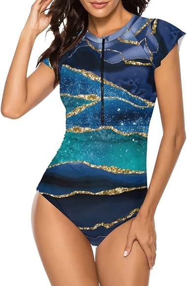 Wolddress Women Modest One Piece Bathing Suit Short Sleeve Tummy Control Swimsuit Zipper Surfing ... | Amazon (US)
