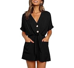 Womens V Neck Button Rompers Knot Tie Short Sleeve Sexy Loose Playsuit Jumpsuit with Pockets | Amazon (US)