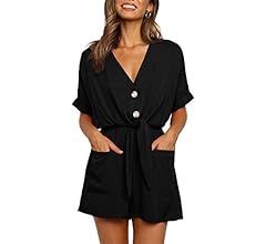 Womens V Neck Button Rompers Knot Tie Short Sleeve Sexy Loose Playsuit Jumpsuit with Pockets | Amazon (US)