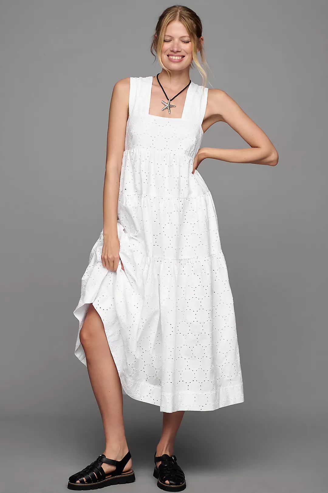 By Anthropologie Square-Neck Eyelet Tiered Midi Dress | Anthropologie (US)