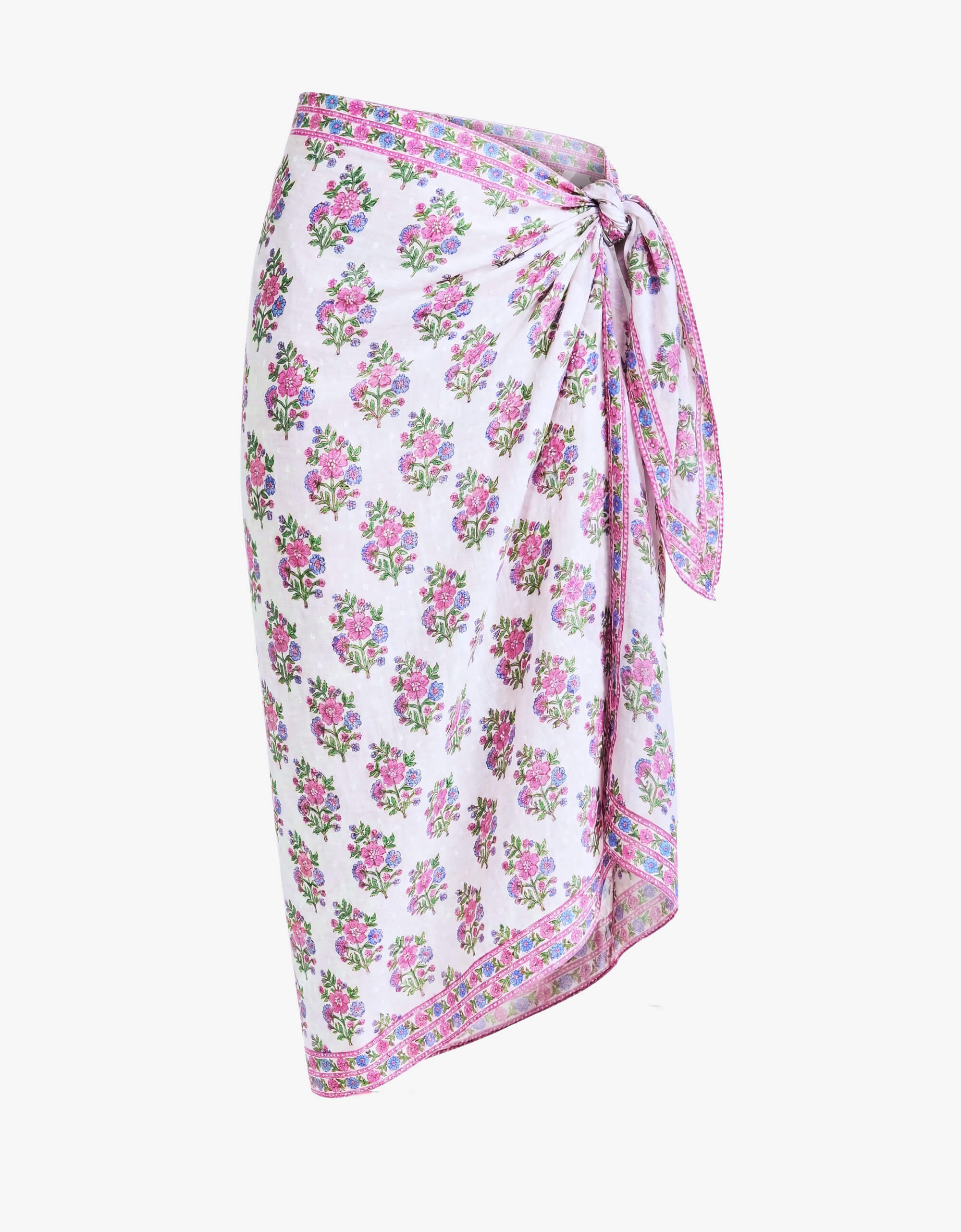 Sarong | Blue, Pink & White Floral Beach Skirt | Block Print Cotton | Pink City Prints UK