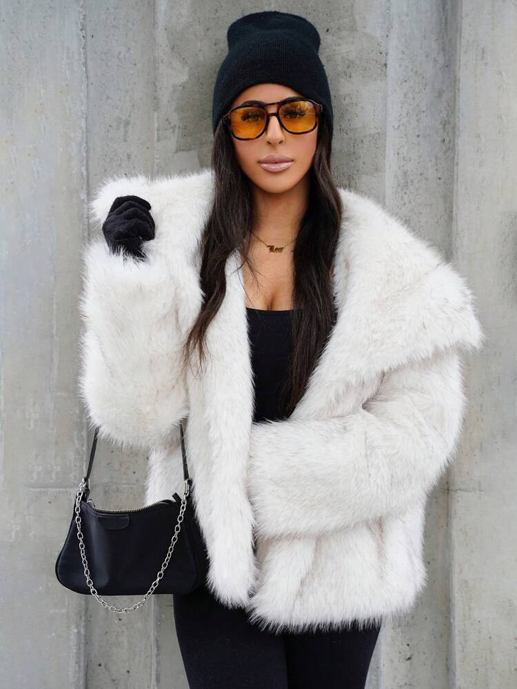 SAYEHFBABY Women's Winter Lapel Open Front Fluffy Jacket | SHEIN