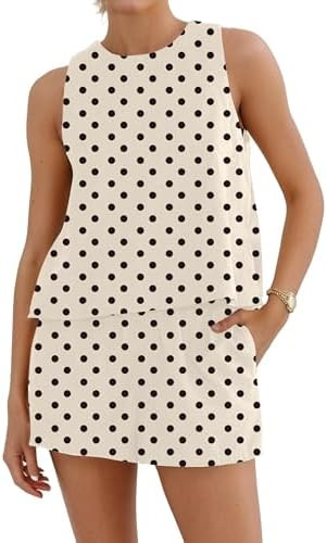 Ythomm Womens Polka Dot Two Piece Lounge Sets Summer Sleeveless Tops Drawstring Linen Shorts Matc... | Amazon (US)