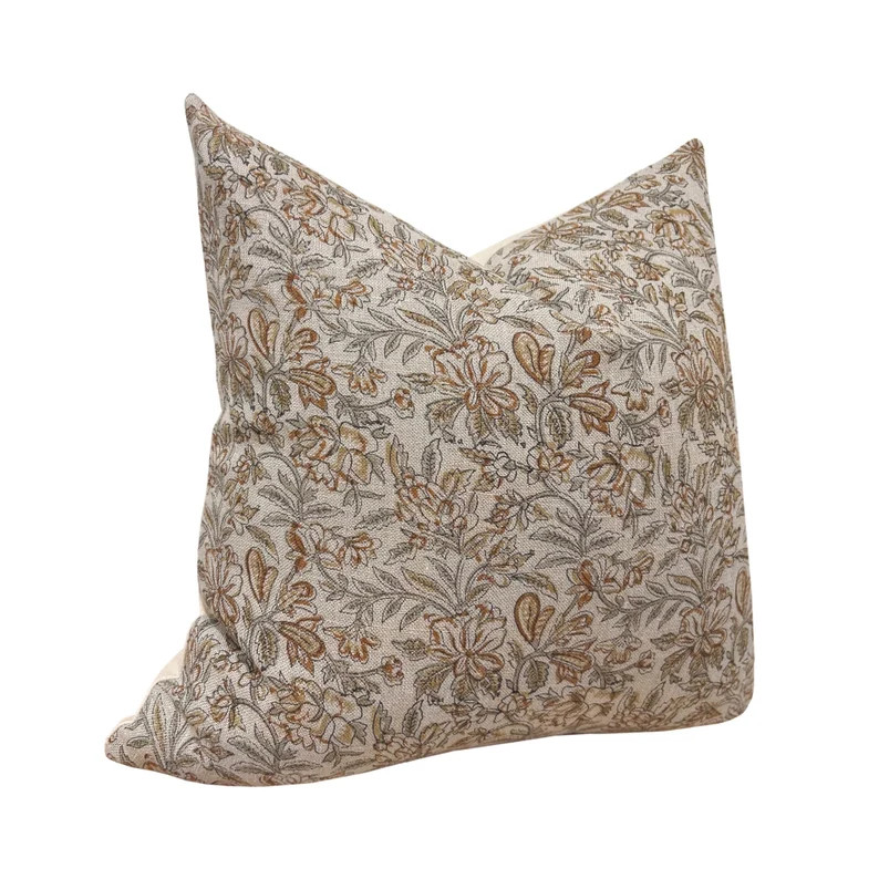 LORELIA Designer Floral Linen Pillow Cover, Green and Rust Floral, Block Print Pillow, Neutral Pi... | Etsy (US)