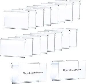 50pcs Clear Plastic Label Holders Wire Shelf Label Clip, Basket Labels for Storage Bins, Clip On ... | Amazon (US)