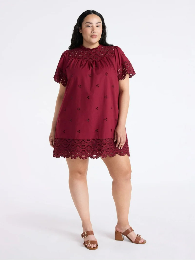 Time and Tru Women's Cotton Eyelet Mini Dress with Short Sleeves, Sizes XS-XXXL - Walmart.com | Walmart (US)