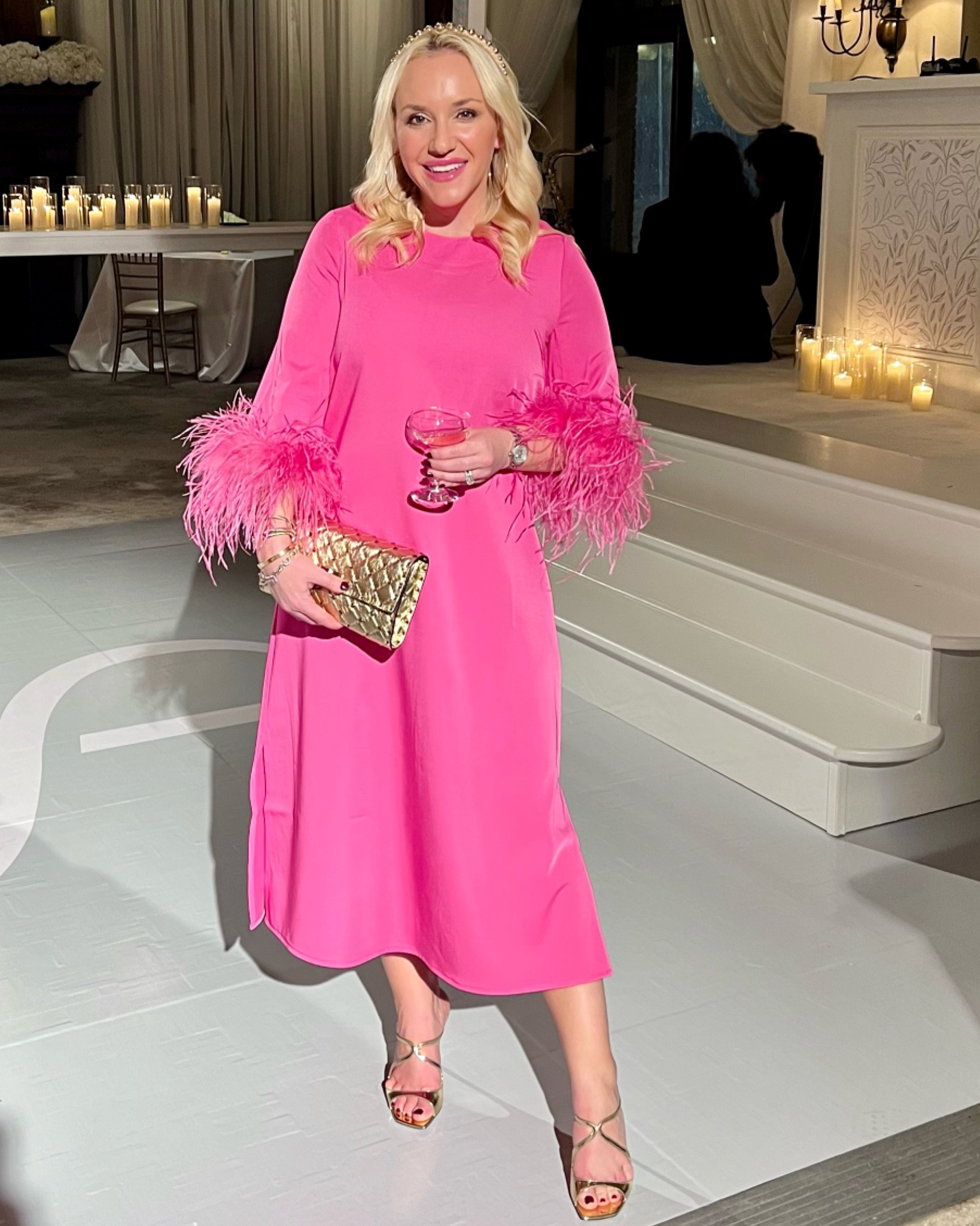 Tuckernuck pink party feather dress size small. Gold headband. Gold Jimmy Choo heels, gold Valentino studded bag, gold hoops. Wedding guest. Wedding dress. Party dress, black tie wedding dress.
Holiday look. Holiday party 

#LTKwedding #LTKHoliday #LTKstyletip